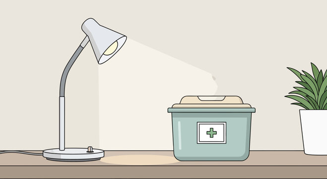 Desk lamp illuminating a medical waste bin with a green cross symbol on a shelf