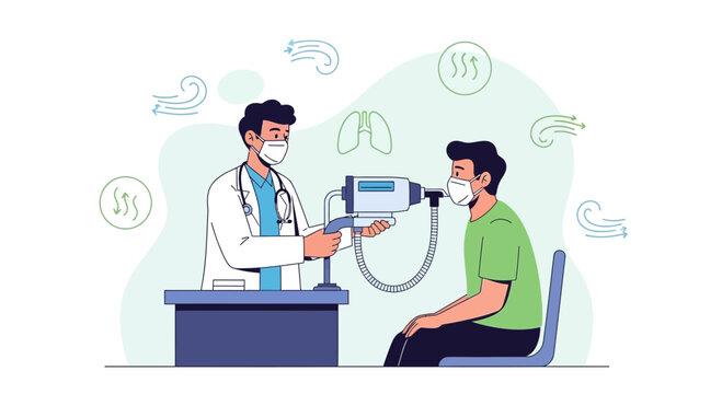Doctor performs lung function test on patient with spirometer for respiratory health checkup