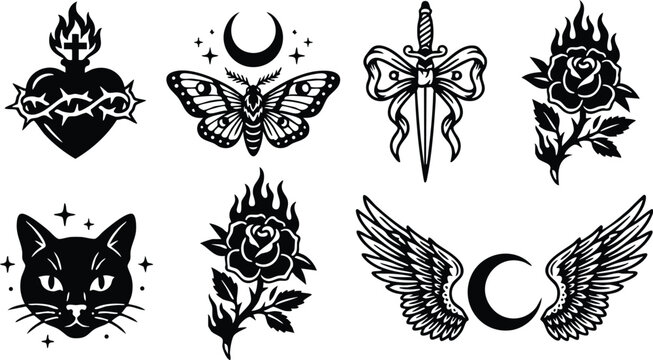 Black and white sacred heart dagger butterfly cat rose and crescent moon wing tattoo vector art