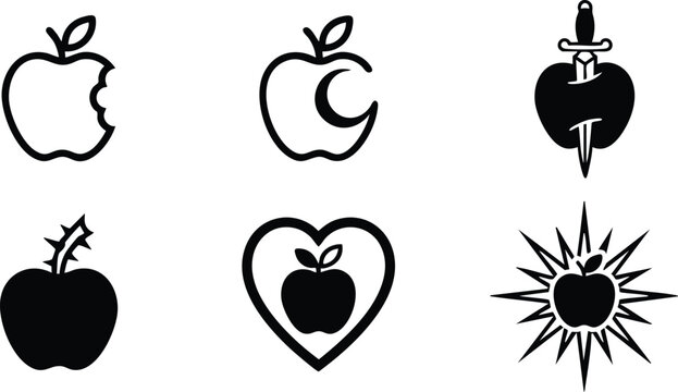 Black apple icons with bite thorn heart sword and burst symbols vector art