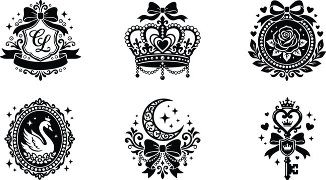 Black and white ornate crown swan rose moon and key emblems vector art