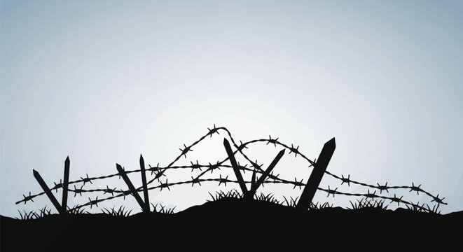 Black silhouette of protective barbed wire fence with sharp spikes and wooden stakes on a ground mound with grass blades against a clear gradient sky background.