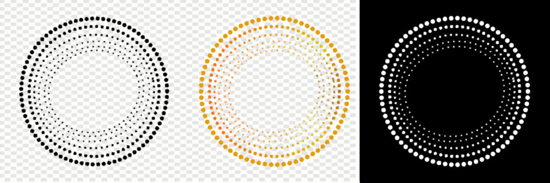 Set of Circular Halftone Dot Frames in Black, Gold, and White