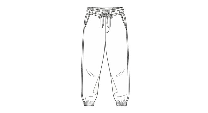 Black and white line art illustration of a pair of casual jogger sweatpants with an elastic drawstring waistband and ribbed ankle cuffs, shown from a front-facing perspective.