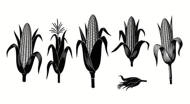 Set of black silhouette vector illustrations featuring several corn cobs with husks and kernels, including a corn stalk with tassels, isolated on a white background for design.