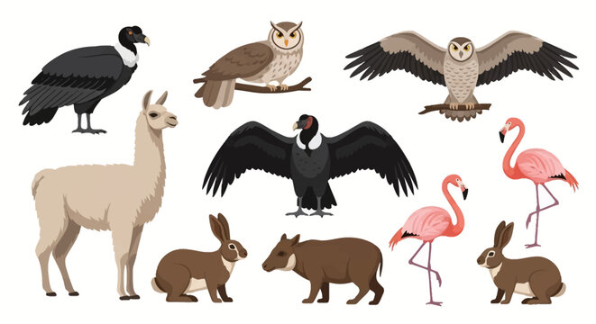 Vector illustration set of South American wildlife featuring a llama, Andean condors with wings spread, owls, pink flamingos, a tapir, and brown rabbits isolated on a white background.