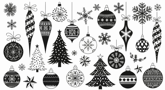 Set of black and white Christmas ornament silhouettes and line art including baubles, icicle finials, snowflakes, stars, and decorated pine trees on a clean white background.