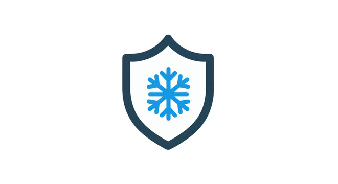 Frost-resistant vector icon featuring a light blue snowflake symbol inside a dark blue protective shield outline, isolated on white for cold protection and winter cooling concepts.