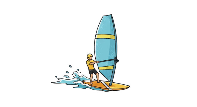 Cartoon doodle illustration of a male windsurfer wearing a yellow helmet and shirt, riding an orange windsurf board with a blue sail through ocean waves, isolated on a white background.