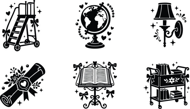 Classroom objects including globe scroll bookstand lamp and book cart