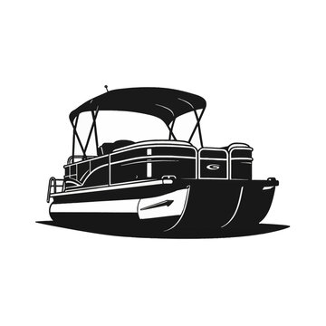 Minimalist black and white vector illustration of a pontoon boat featuring a bimini top canopy, protective deck railings, and aluminum hulls, isolated on a white background for design.