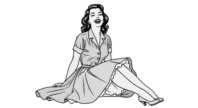 Vintage black and white illustration of a joyful pin-up girl from the 1950s sitting on the floor and laughing, wearing a retro collared dress with a full skirt and high heel shoes.