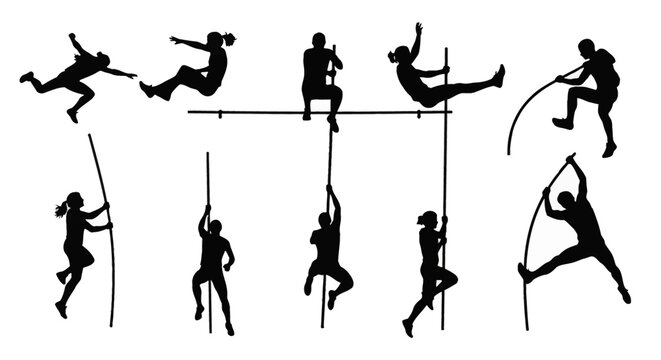 Set of black silhouettes showing male and female pole vault athletes during approach, takeoff, bar clearance, and descent phases, isolated on a clean white background.