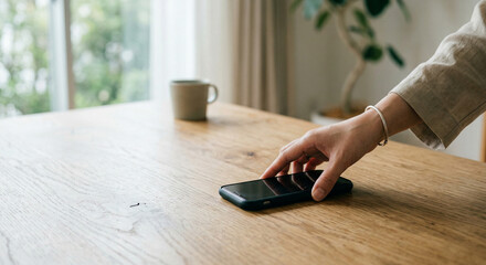 Fototapeta premium Hand picking up smartphone from wooden table near coffee cup modern lifestyle mobile technology communication everyday routine minimal workspace