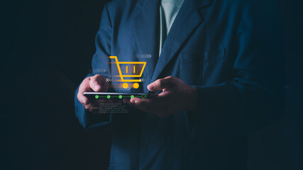 Businessman using smartphone for online shopping with digital cart and progress bar. Concept of fast e-commerce transactions, mobile retail, and seamless digital payment checkout process. © 418 House