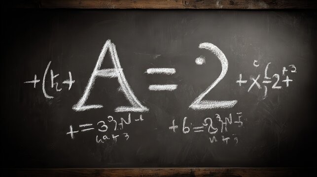 A chalkboard covered in complex mathematical equations and formulas written in white chalk