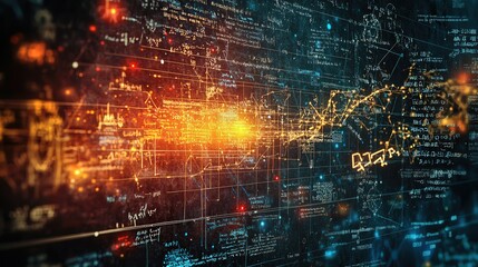 Obraz premium A futuristic digital artwork depicting a complex network of glowing lines and codes on a dark background