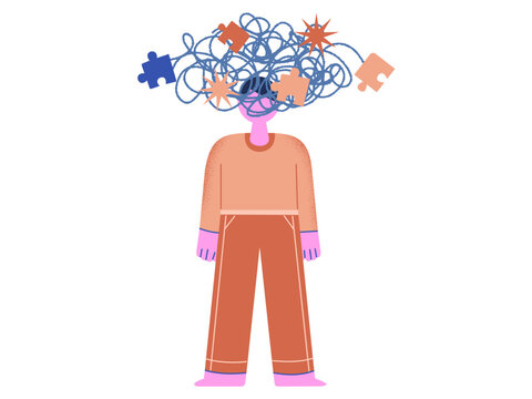 Entangled Mind: A person embodies the state of cognitive disarray, with thoughts and ideas twisted into an intricate, colorful mess.