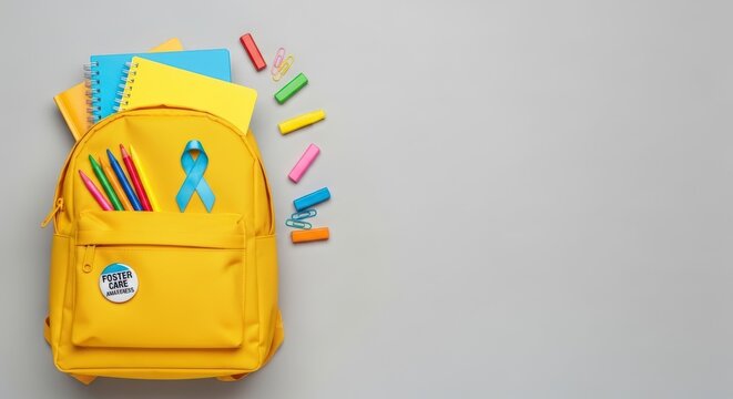 Yellow school backpack with colorful supplies.