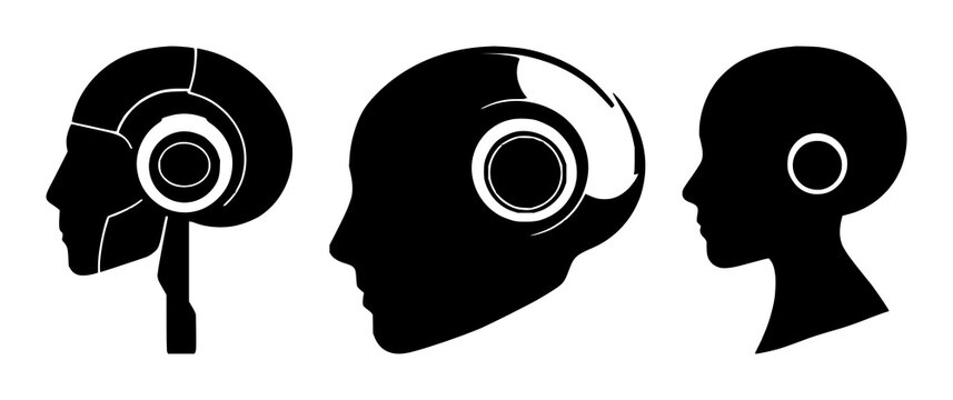 Machine learning robot head set with solid black icon on white background featuring machine learning, artificial intelligence, robotics with silhouette and profile