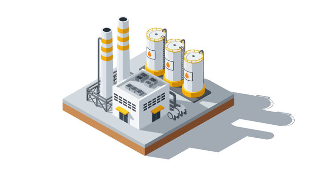 Isometric Industrial Plant with Smokestacks and Storage Tanks.