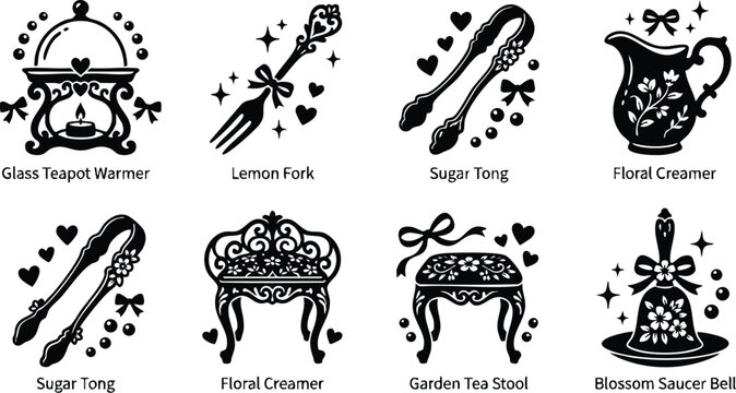 Black and white floral creamer sugar tong glass teapot warmer and lemon fork vector art