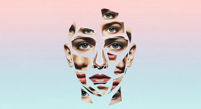 Collage of multiple faces on one head against pastel background