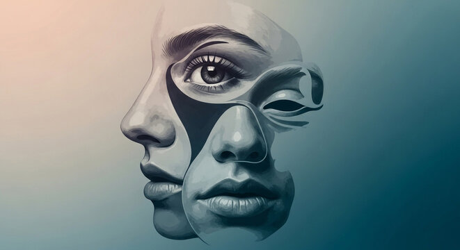 Split face portrait with multiple expressions