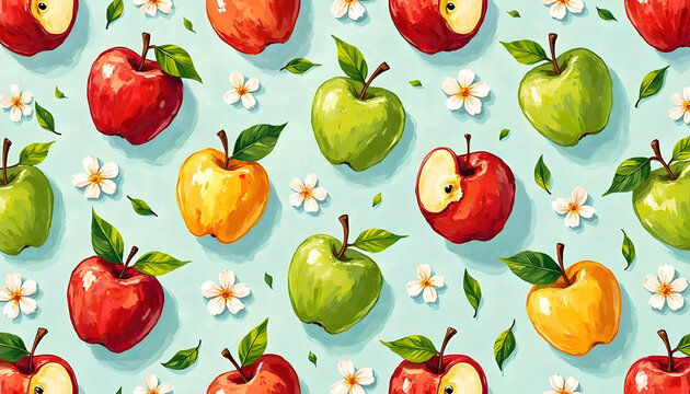 Seamless watercolor pattern of colorful apples with leaves and small flowers on a soft pastel background. Hand-painted fruit illustration perfect for textiles, wrapping paper, packaging, wallpapers