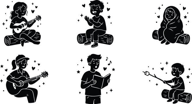 Children sitting on logs playing guitar clapping roasting marshmallows and singing