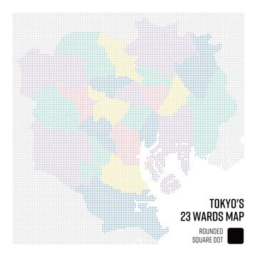 Coarse-grained Map of Japan: Tokyo's 23 wards, Grouped by Ward, Rounded Square Dot Style