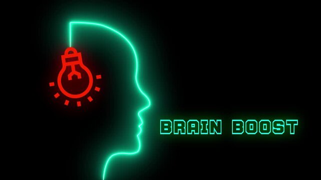 Neon brain with a lightbulb representing a brain boost for mental performance and cognitive enhancement.
