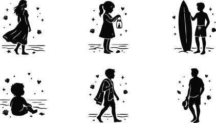 Black and white silhouette children on beach with shells hearts and starfish set