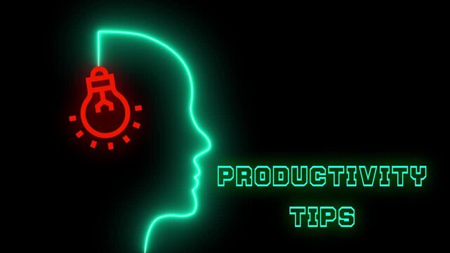 Essential productivity tips icon with neon checklist and clock for time management and efficiency. Professional layout for business and workflow optimization.
