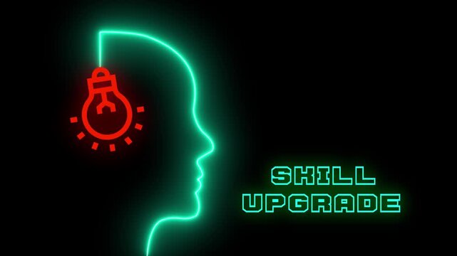  Professional skills upgrade icon featuring neon upward arrow and gear for career growth and learning. Modern concept for self improvement and training.