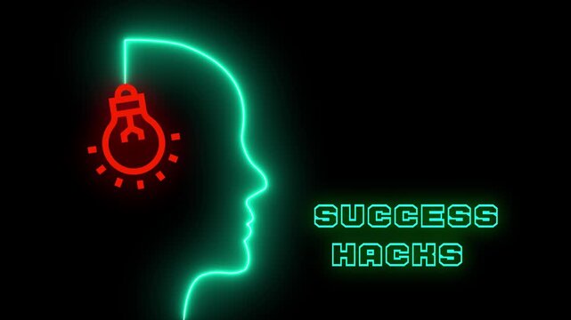Success Hacks and Productivity Tips with Glowing Neon Business and Brain Icons. Generative AI Graphic.