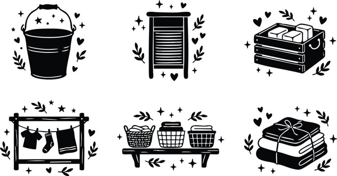 Black and white vintage laundry icons bucket washboard crate clothespins line art