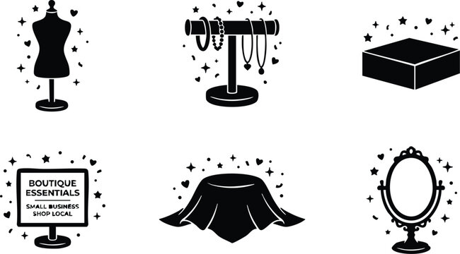Black silhouette boutique essentials icons including mannequin jewelry stand gift box promotional sign draped table and vanity mirror