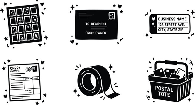 Black and white postal mailing stamps envelope tape and tote vector art