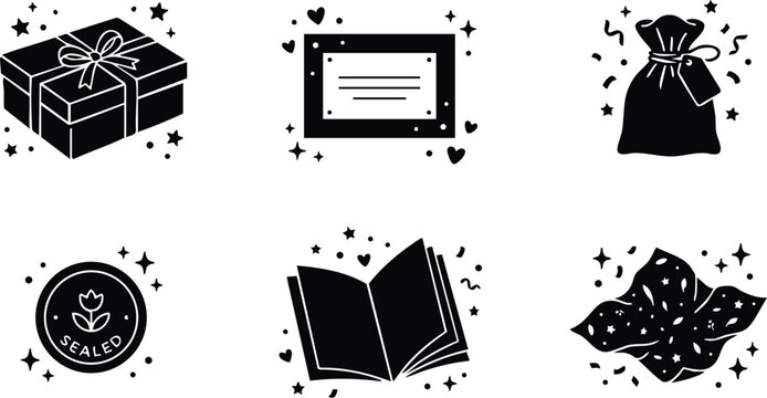 Black silhouette gift box sealed stamp envelope opened book and cloth bag icons