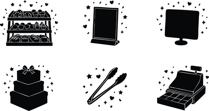Black bakery shelf cake box tongs cash register and display sign vector art