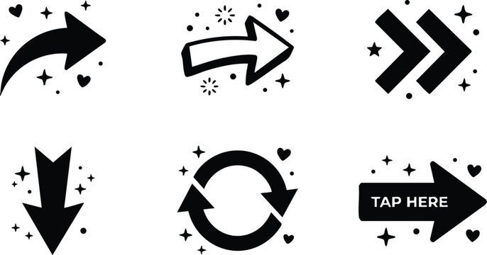 Black and white arrow icons with sparkles and hearts including tap here button and circular arrow vector art