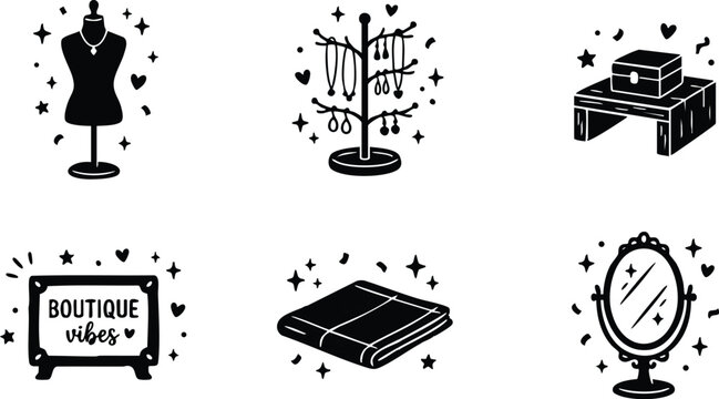 Black and white boutique vibes icons with mannequin jewelry stand mirror and box