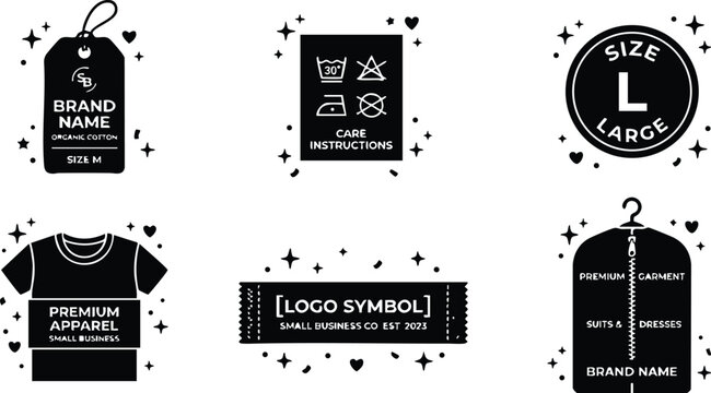 Black and white clothing tag care size and logo symbol vector set
