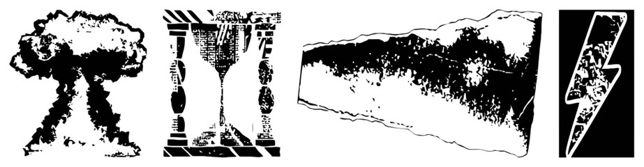 Naklejka premium Set of Grunge Black and White Vector Icons: Explosion, Hourglass, Texture, and Lightning Bolt