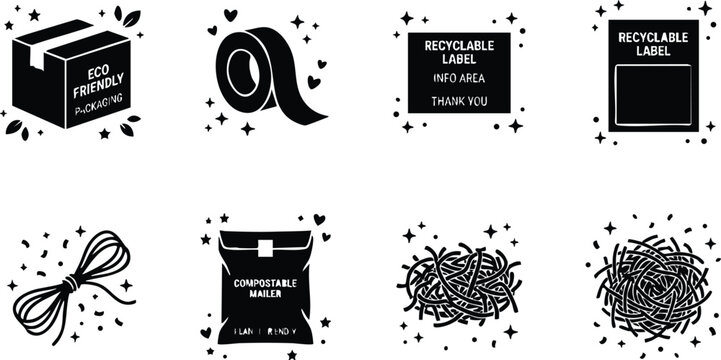 Black and white eco friendly packaging tape compostable mailer and recyclable label icons