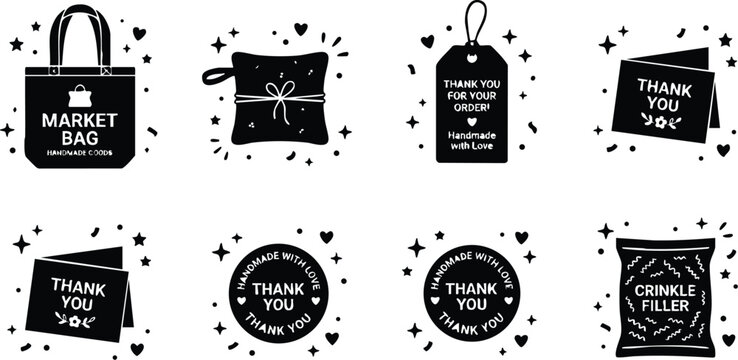 Black and white thank you message icons with market bag pillow and gift tag