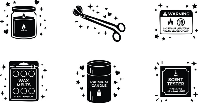 Black and white candle wax melts wick trimmer and scent tester line art icons