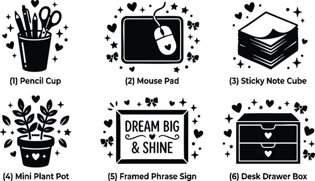 Black and white pencil cup mouse pad sticky note cube mini plant pot framed dream big and shine phrase sign desk drawer box icons