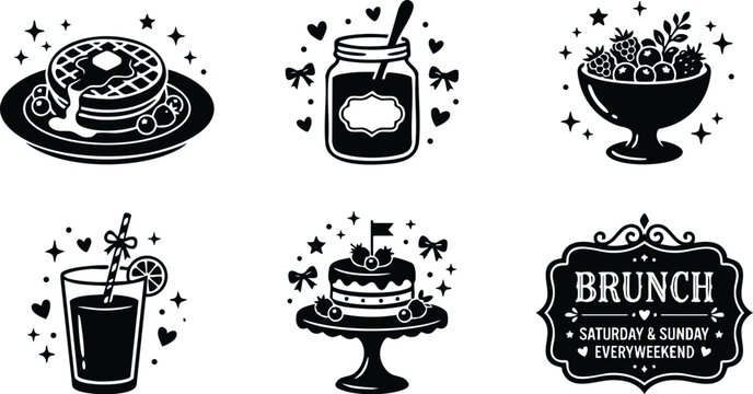Black and white brunch set with waffle syrup jam fruit bowl juice cake and weekend text label